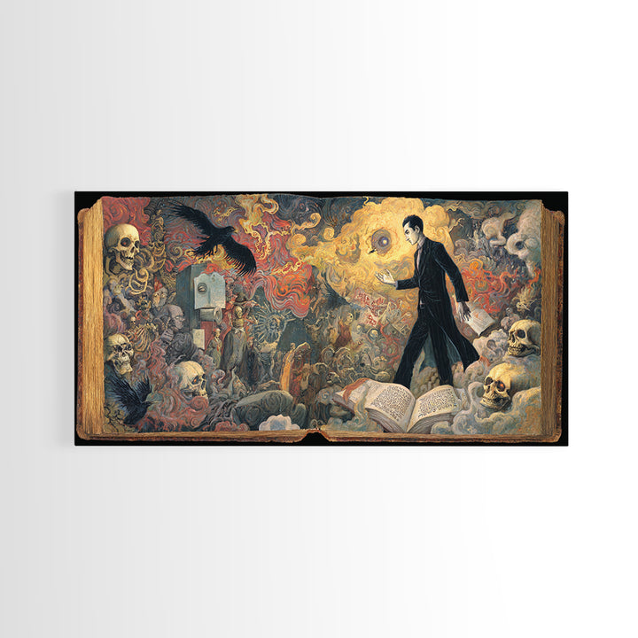 The Living Spellbook, Grotesque Carnival Art, Wide Panoramic Art, Dark Halloween Decor, Framed Canvas Print, Halloween Wall Art