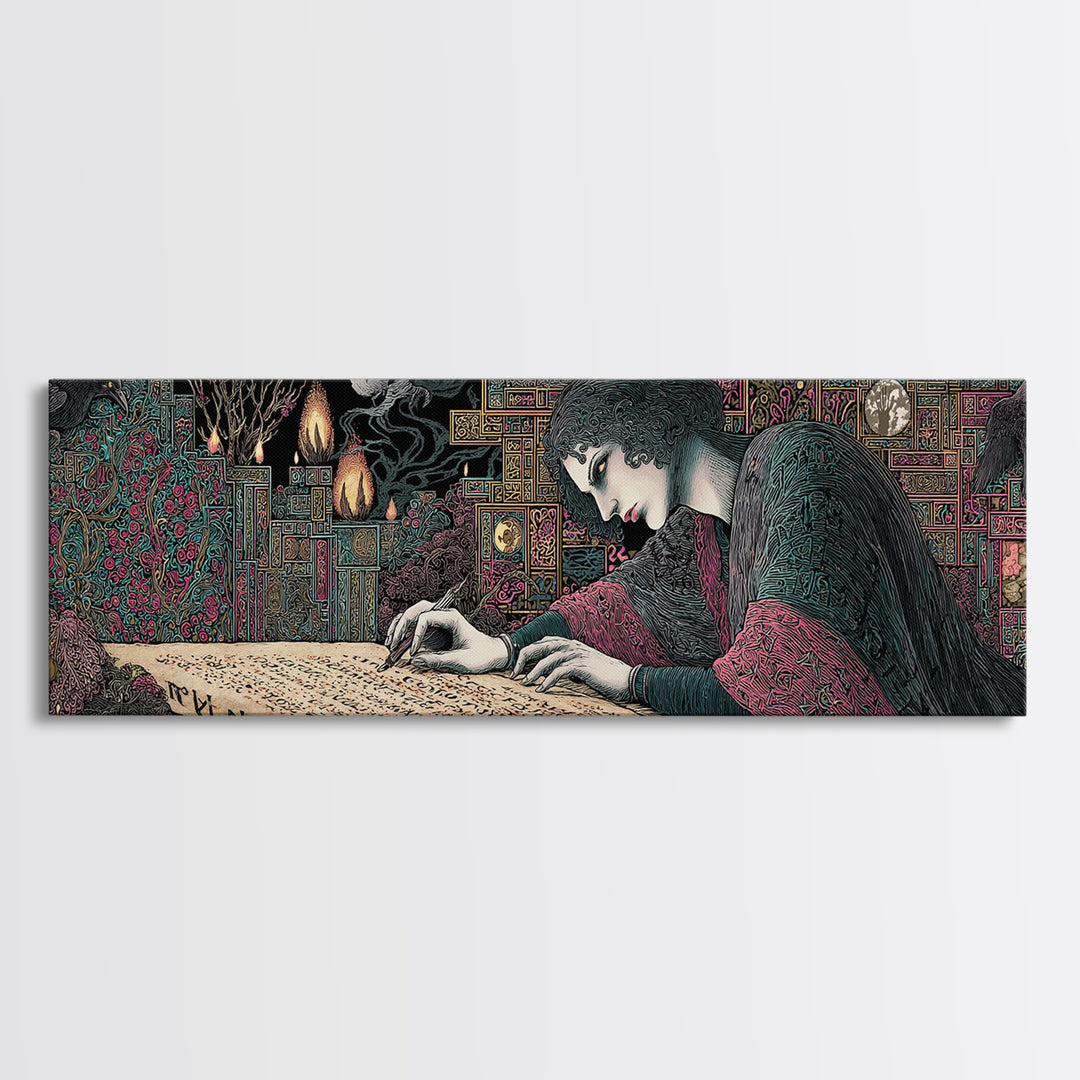 The Living Spellbook, Stained Glass Gothic Art, Extra Wide Wall Art, Dark Fantasy Wall Art, Framed Canvas Print, Halloween Wall Art