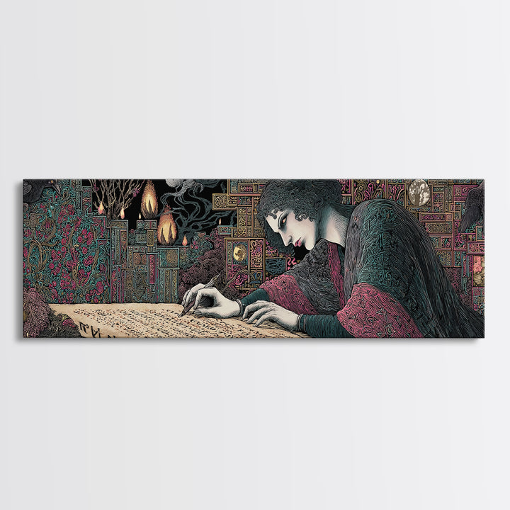 The Living Spellbook, Stained Glass Gothic Art, Extra Wide Wall Art, Dark Fantasy Wall Art, Framed Canvas Print, Halloween Wall Art