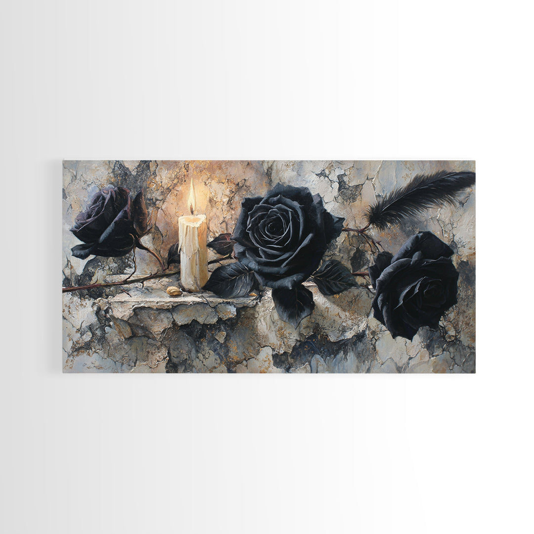 Black Roses Blooming from Cracked Stone Canvas Print, Dark Art, Textured Painting, Living Room Decor, Fine Art, Nocturne, DAR-2x1-22