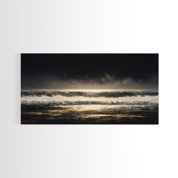 Stormy Sea under a Nearly Black Sky Framed Canvas Print, Dark Art, Digital Art, Living Room Decor, Fine Art, Nocturne, DAR-2x1-25