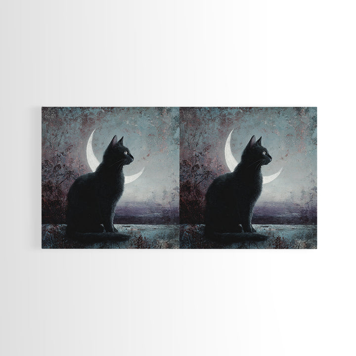 Black Cat with Glowing Eyes under Crescent Framed Canvas Print, Dark Art, Living Room Decor, Watercolor Art, Nocturne, DAR-2x1-29