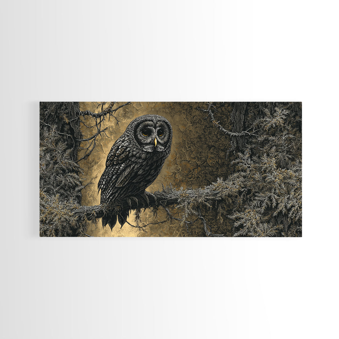 Owl in a Midnight Pine Forest Framed Canvas Print, Dark Art, Room Decor, Living Room Decor, Fine Art, Nocturne, Digital Art, DAR-2x1-42