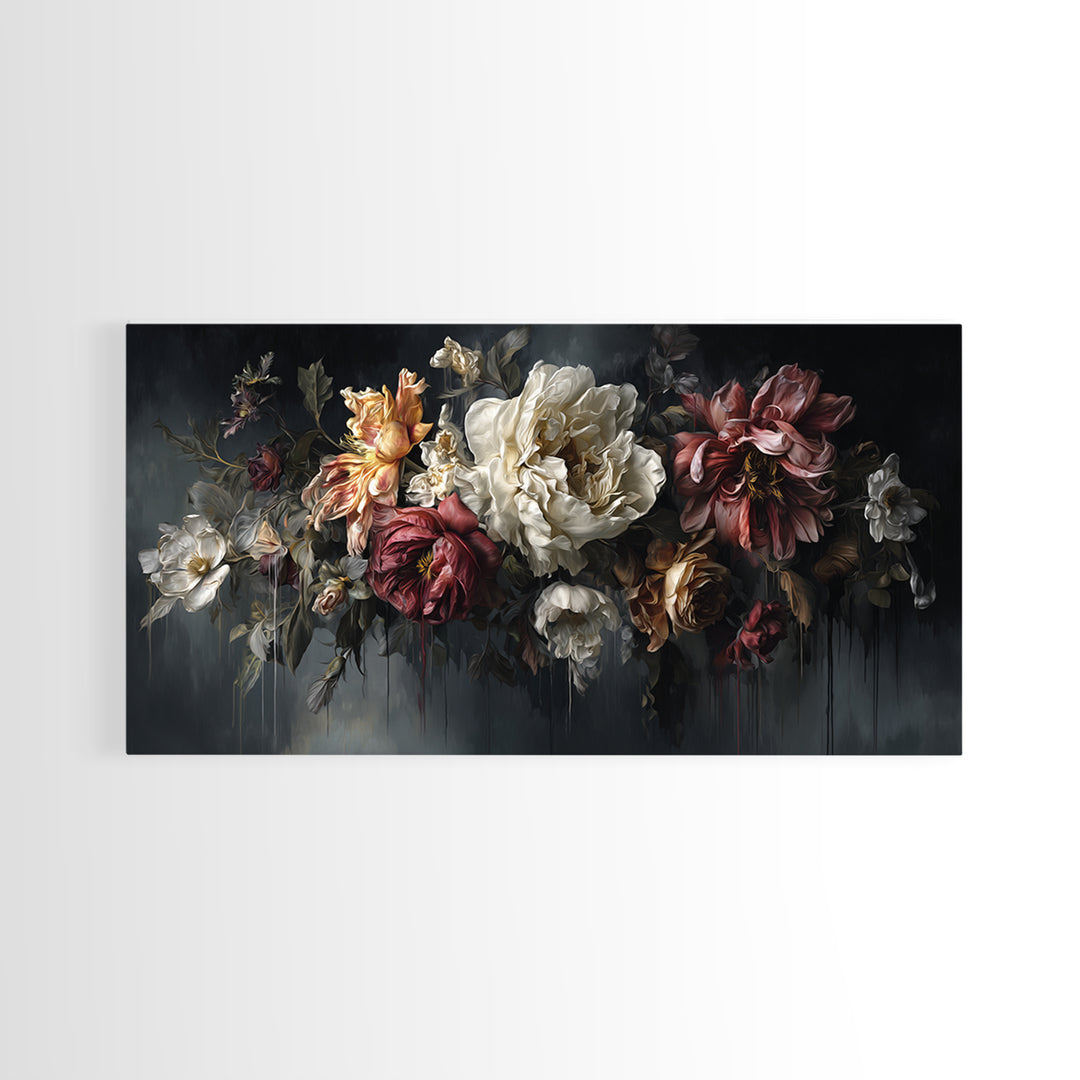 Dark Floral Bouquet Canvas Print, Dark Art, Oil Painting, Living Room Decor, Nocturne, Gothic Wall Decor, Man Cave Decor, DAR-2x1-61
