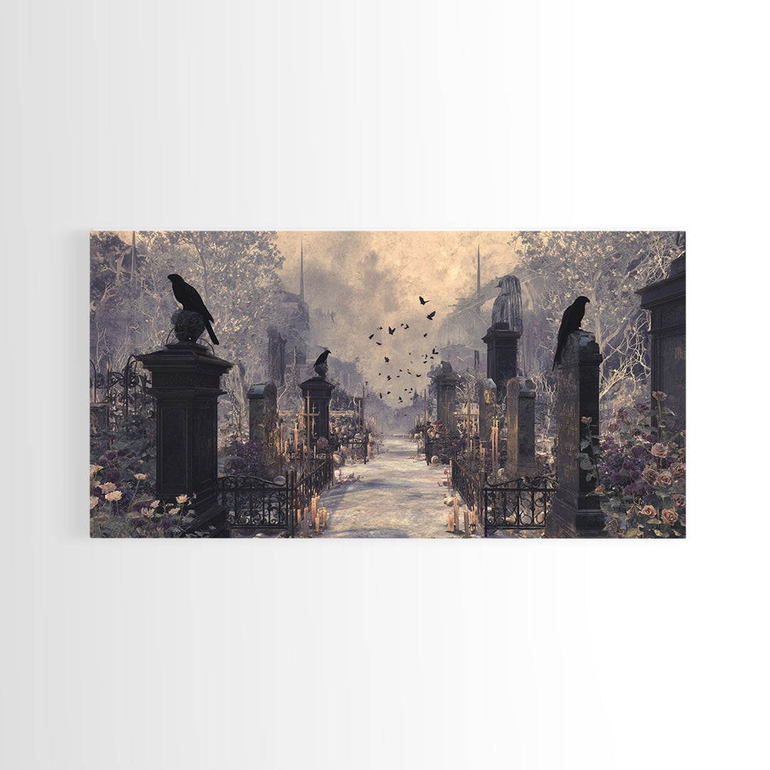 Silent Graveyard with Blue Moon Haze Canvas Print, Dark Art, Wall Art, Living Room Decor, Oil Painting, Nocturne, Original Art, DAR-2x1-62