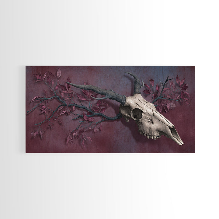 Shadowy Deer Skull Framed Canvas Print, Dark Art, Painting, Living Room Decor, Watercolor Art, Nocturne, Gothic Wall Art, DAR-2x1-7