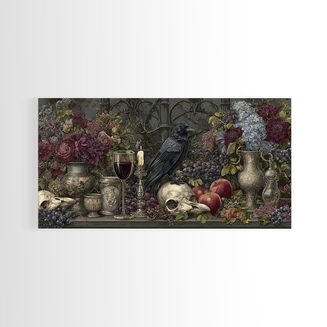 Witchy Still Life of Herbs Candles and Canvas Print, Dark Art, Watercolor Painting, Living Room Decor, Fine Art, Nocturne, DAR-2x1-76