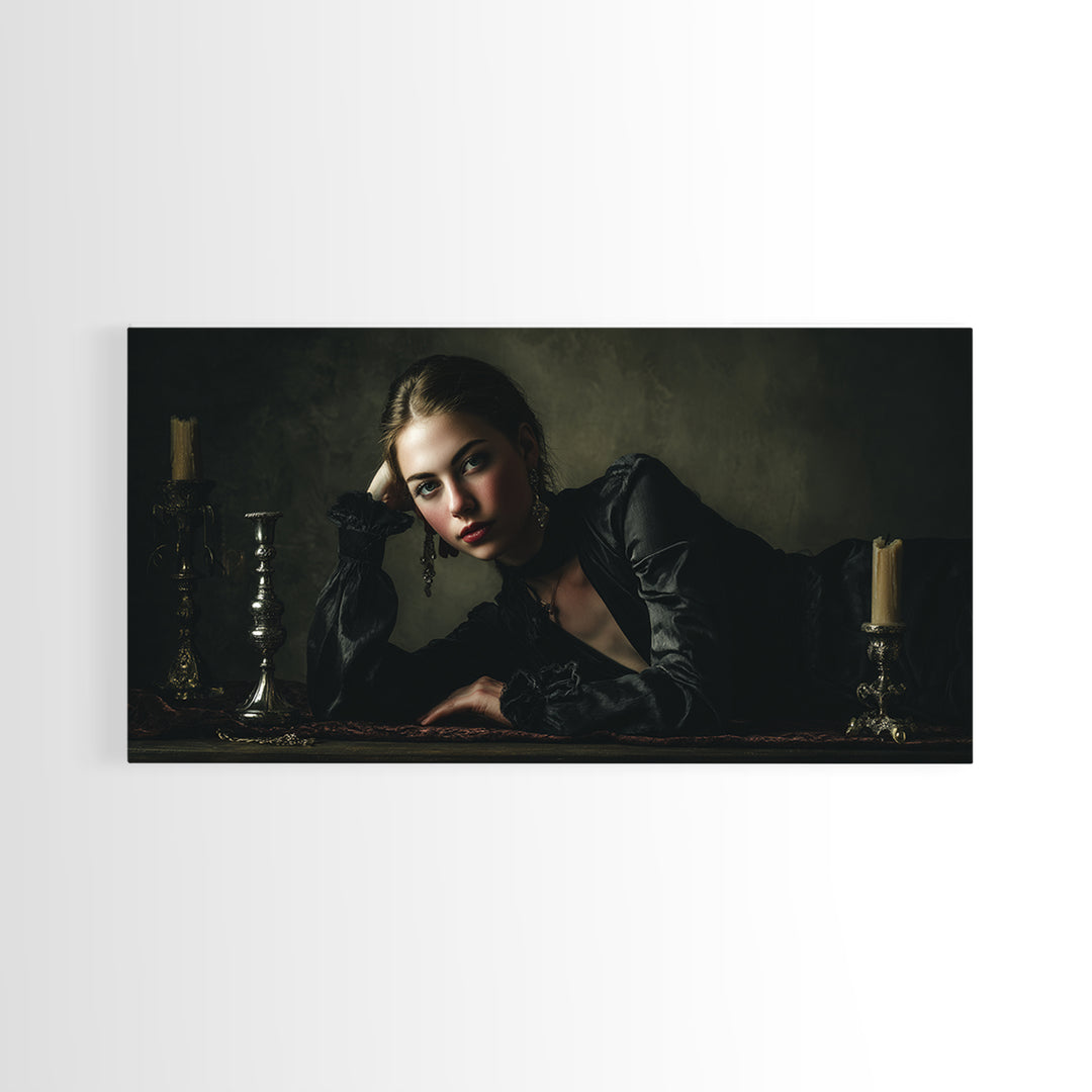 Vampire Inspired Portrait with Pale Dramatic Light Framed Canvas Print, Dark Art, Goth Decor, Living Room Decor, Nocturne, DAR-2x1-81
