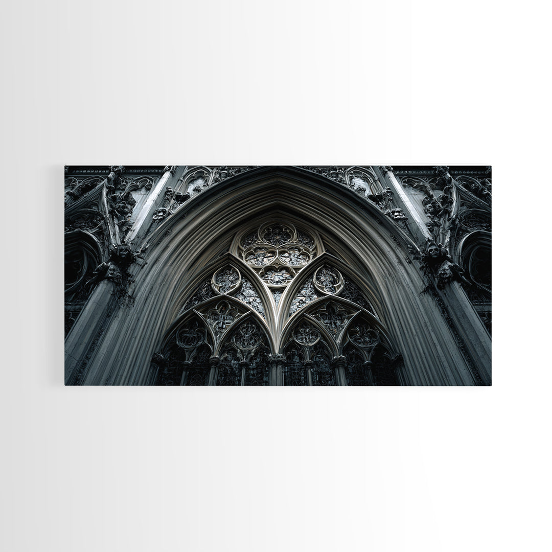 Gothic Cathedral Window Framed Canvas Print, Dark Art, Moody Wall Art, Living Room Decor, Fine Art, Nocturne, Gallery Decor, DAR-2x1-84
