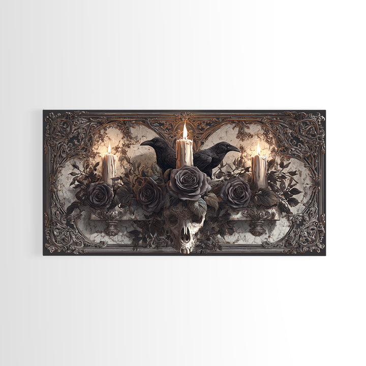 Black Roses Blooming from Cracked Stone Canvas Print, Dark Art, Digital Art, Living Room Decor, Nocturne, Unique Wall Decor, DAR-2x1-94