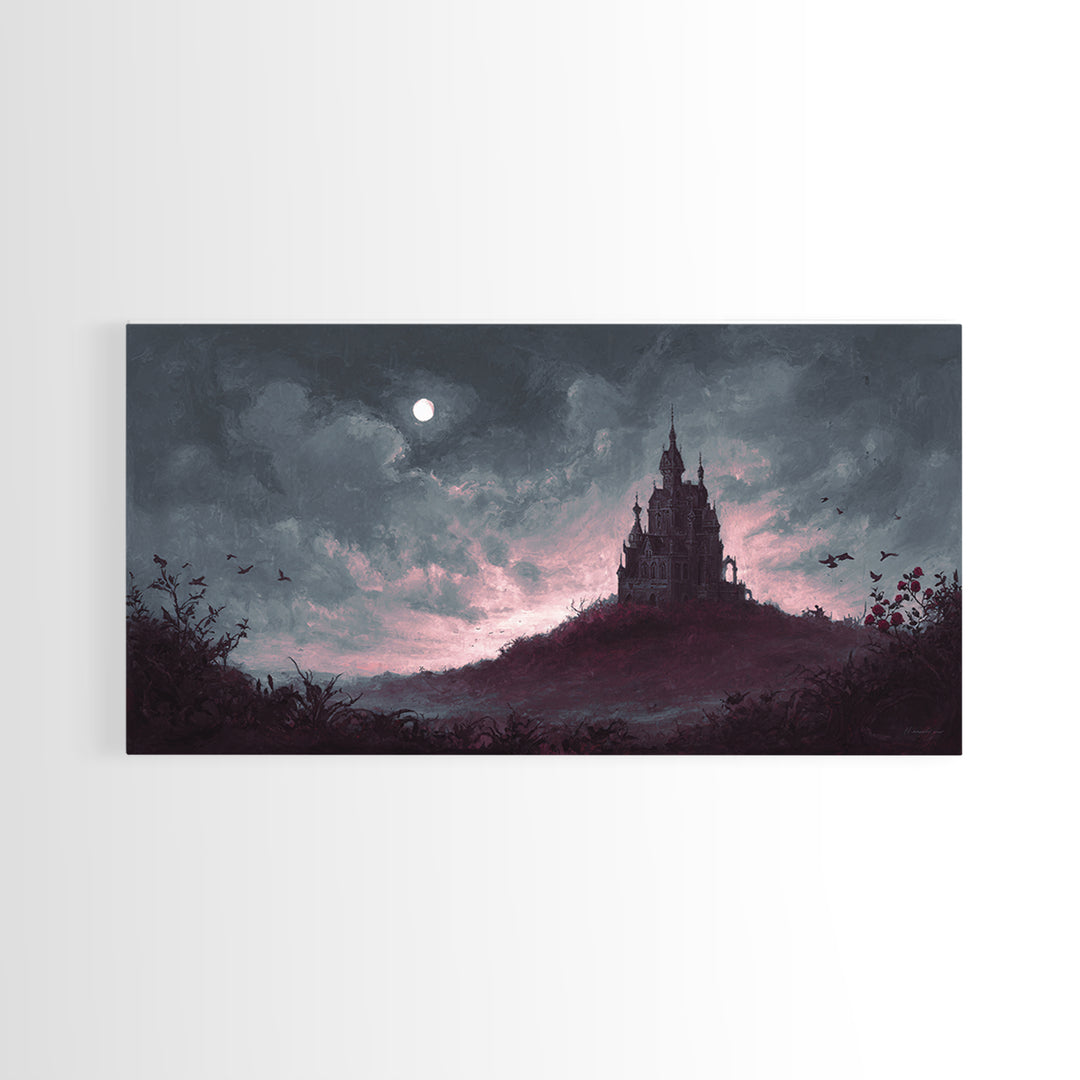 Haunted Mansion Silhouette on Distant Hill Canvas Print, Dark Art, Living Room Decor, Watercolor Art, Nocturne, DAR-2x1-98