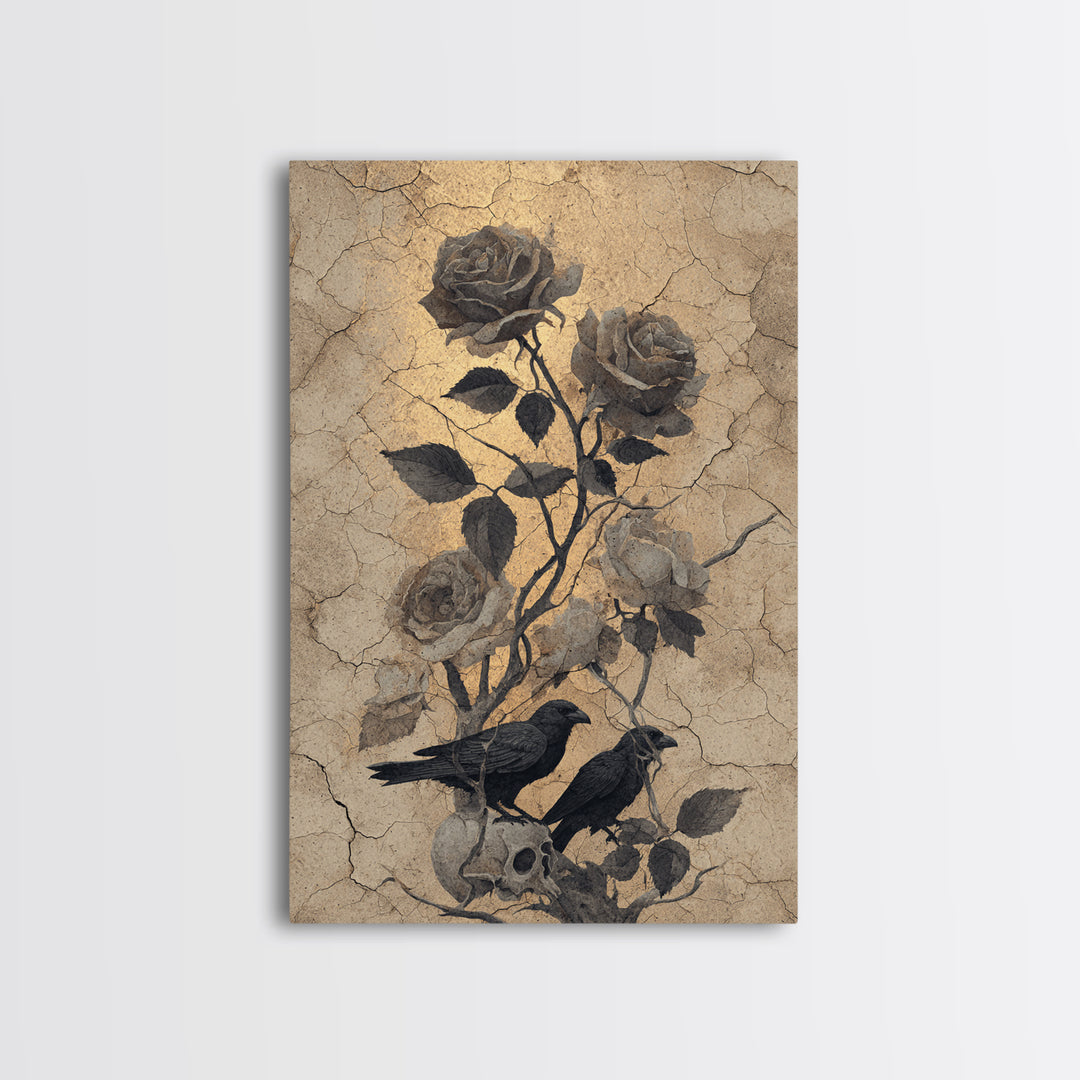Black Roses Blooming from Cracked Stone Framed Canvas Print, Dark Art, Painting, Living Room Decor, Fine Art, Nocturne, DAR-2x3-34