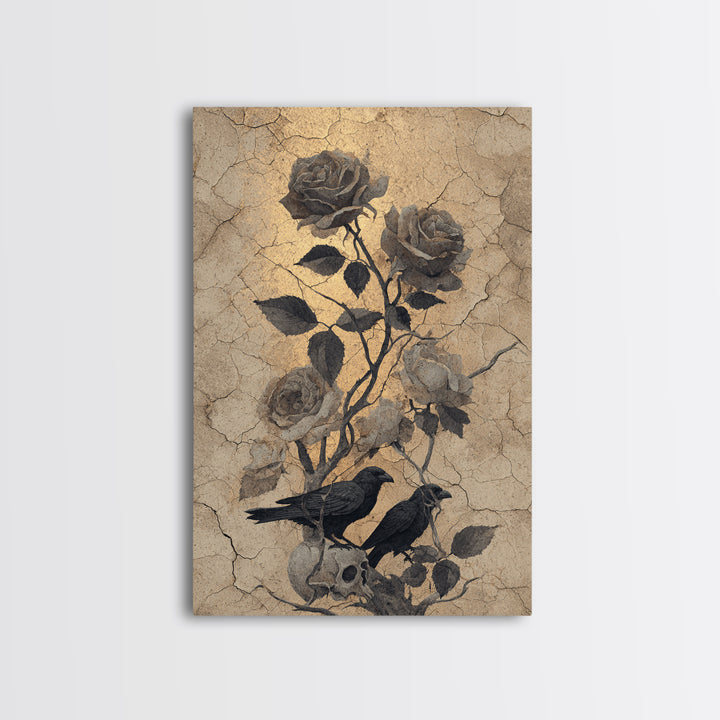 Black Roses Blooming from Cracked Stone Framed Canvas Print, Dark Art, Painting, Living Room Decor, Fine Art, Nocturne, DAR-2x3-34