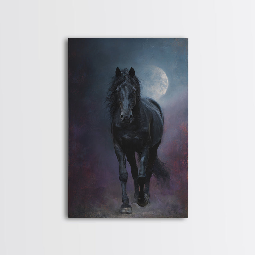 Black Horse Emerging from Smoke Framed Canvas Print, Dark Art, Living Room Decor, Oil Painting, Nocturne, Halloween Art, DAR-2x3-51