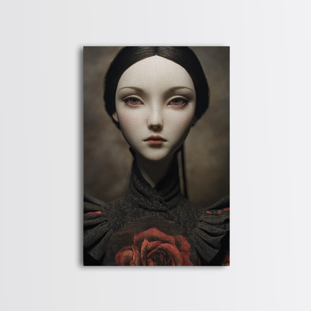 Cracked Porcelain Doll Portrait Framed Canvas Print, Dark Art, Digital Art, Living Room Decor, Nocturne, Unique Wall Decor, DAR-2x3-55