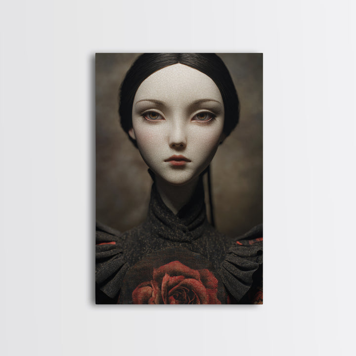 Cracked Porcelain Doll Portrait Framed Canvas Print, Dark Art, Digital Art, Living Room Decor, Nocturne, Unique Wall Decor, DAR-2x3-55