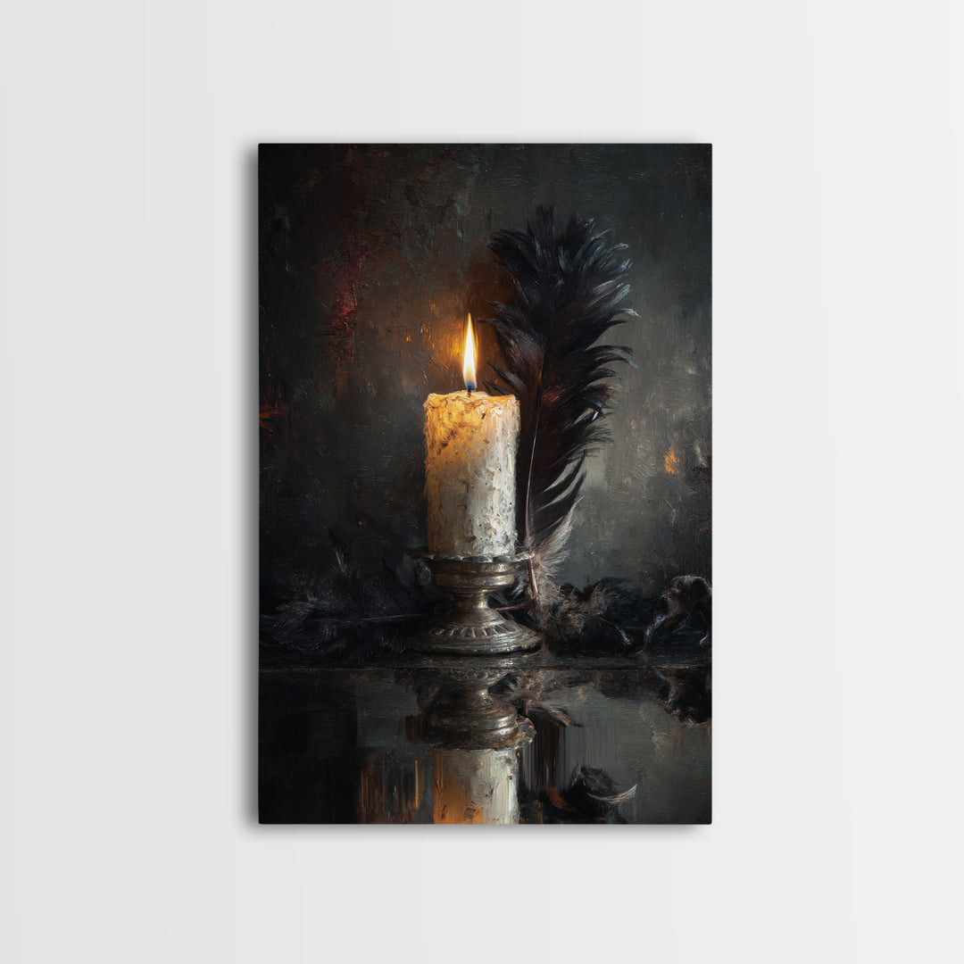 Candle Flame Reflecting Framed Canvas Print, Dark Art, Living Room Decor, Abstract Art, Nocturne, Dark Academia, DAR-2x3-56