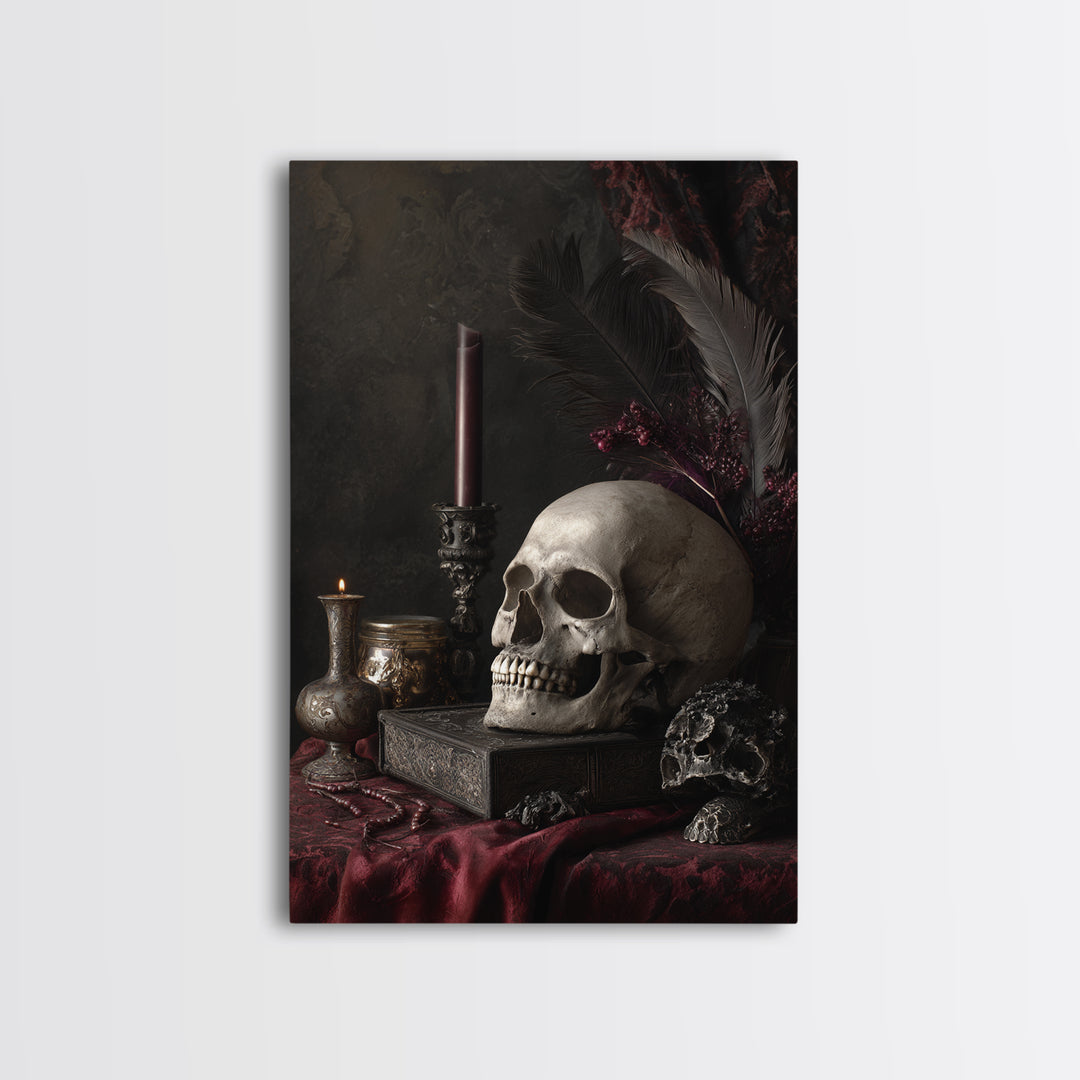 Baroque Skull and Red Velvet Vanitas Canvas Print, Dark Art, Living Room Decor, Oil Painting, Nocturne, Halloween Art, DAR-2x3-66