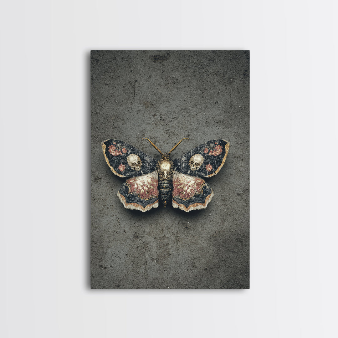 Moth with Skull Pattern on Black Ground Canvas Print, Dark Art, Gothic Wall Art, Living Room Decor, Fine Art, Nocturne, DAR-2x3-71