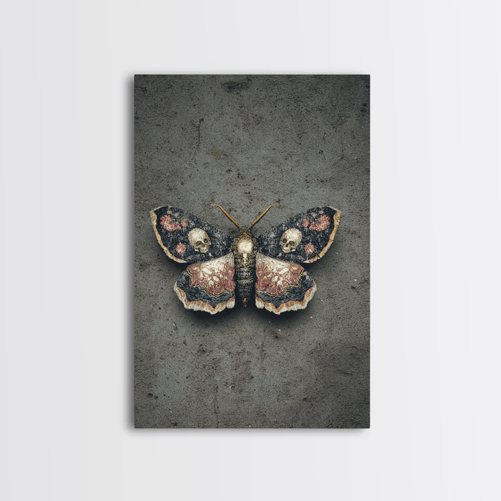 Moth with Skull Pattern on Black Ground Canvas Print, Dark Art, Gothic Wall Art, Living Room Decor, Fine Art, Nocturne, DAR-2x3-71
