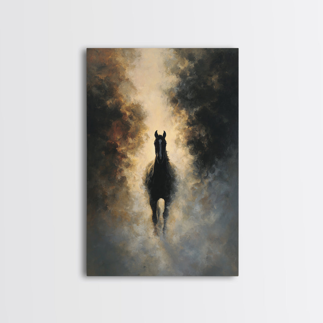 Black Horse Emerging from Smoke Framed Canvas Print, Dark Art, Moody Wall Art, Living Room Decor, Fine Art, Nocturne, DAR-2x3-75