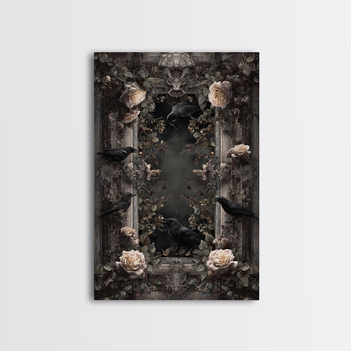 Black Roses Blooming from Cracked Stone Canvas Print, Dark Art, Oil Painting, Living Room Decor, Nocturne, Gothic Wall Decor, DAR-2x3-82