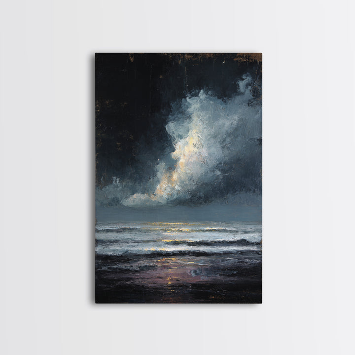Stormy Sea under a Nearly Black Sky Framed Canvas Print, Dark Art, Horror Decor, Living Room Decor, Fine Art, Nocturne, DAR-2x3-85