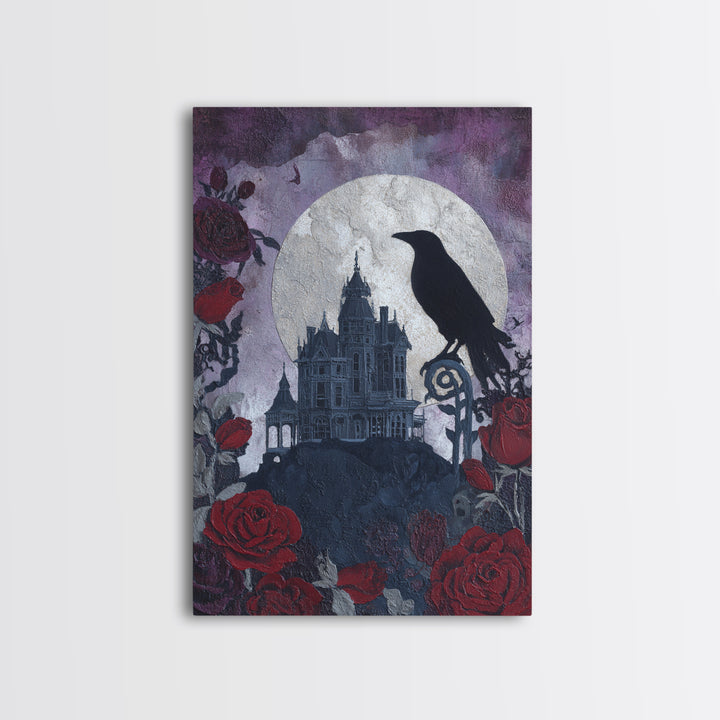 Haunted Mansion Silhouette on Distant Hill Canvas Print, Dark Art, Gothic Decor, Living Room Decor, Abstract Art, Nocturne, DAR-2x3-86