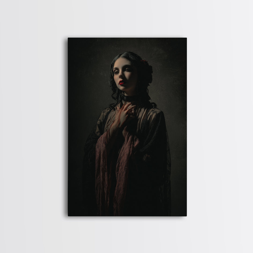 Vampire Inspired Portrait with Pale Dramatic Light Framed Canvas Print, Dark Art, Moody Wall Art, Living Room Decor, Nocturne, DAR-2x3-93