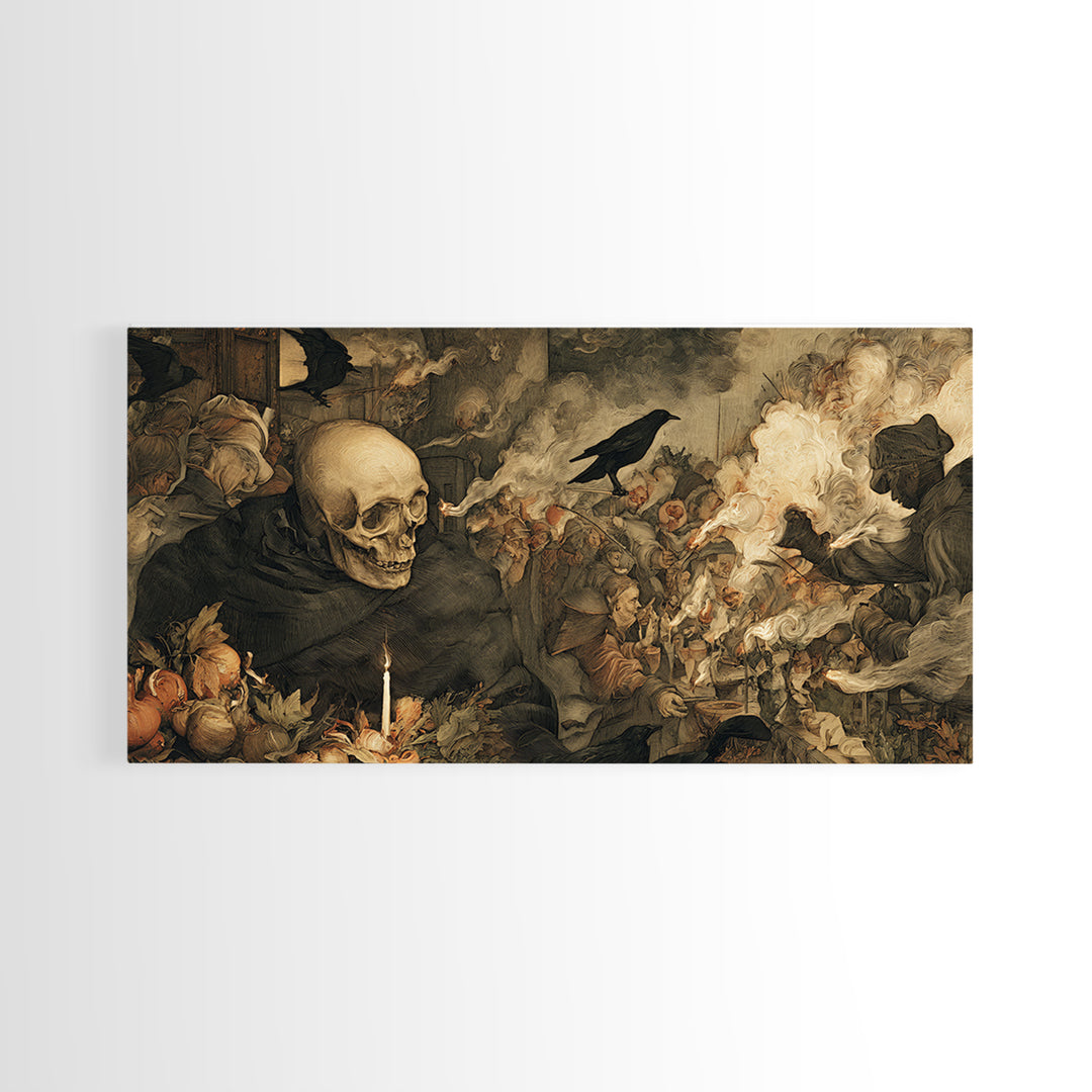 The Talking Skull, Northern Renaissance Horror, Wide Panoramic Art, Dark Halloween Decor, Framed Canvas Print, Halloween Wall Art