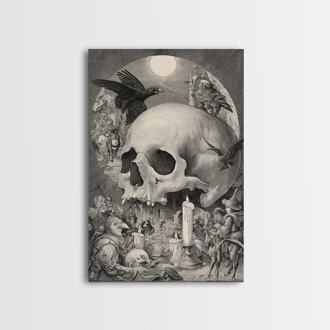 The Talking Skull, Renaissance Engraving Art, Vertical Wall Art, Dark Fantasy Wall Art, Canvas Print, Halloween Wall Art