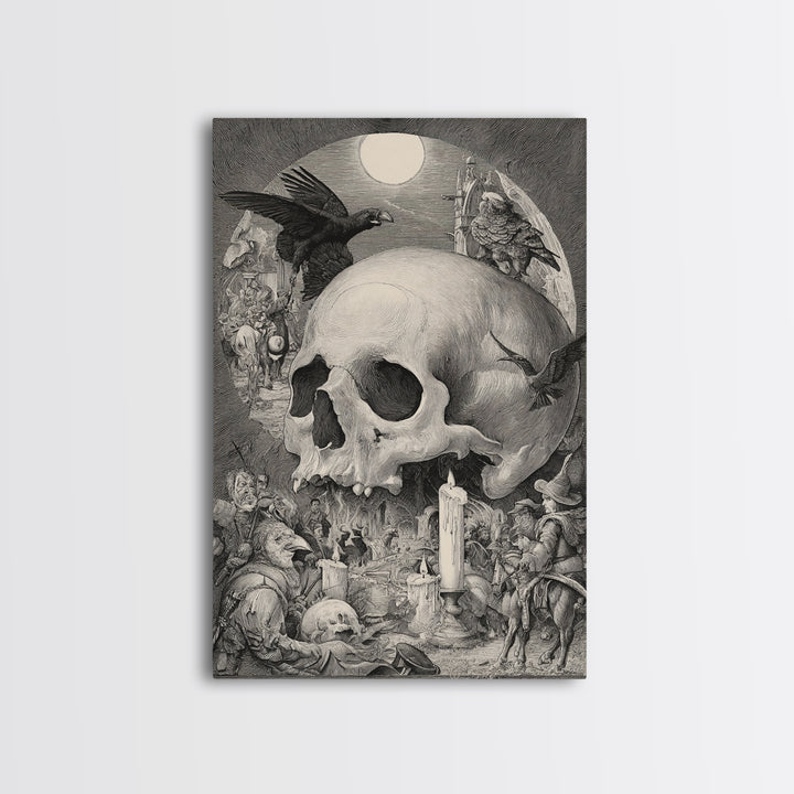 The Talking Skull, Renaissance Engraving Art, Vertical Wall Art, Dark Fantasy Wall Art, Canvas Print, Halloween Wall Art