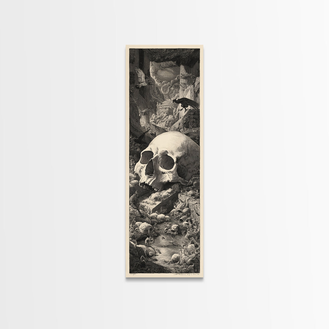 The Talking Skull, Architectural Etching Art, Tall Narrow Wall Art, Dark Fantasy Wall Art, Framed Canvas Print