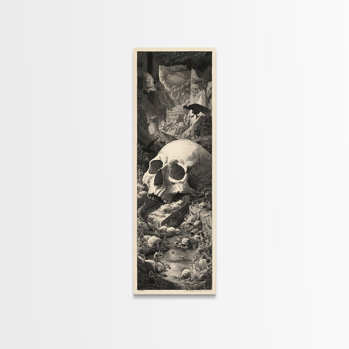 The Talking Skull, Architectural Etching Art, Tall Narrow Wall Art, Dark Fantasy Wall Art, Framed Canvas Print