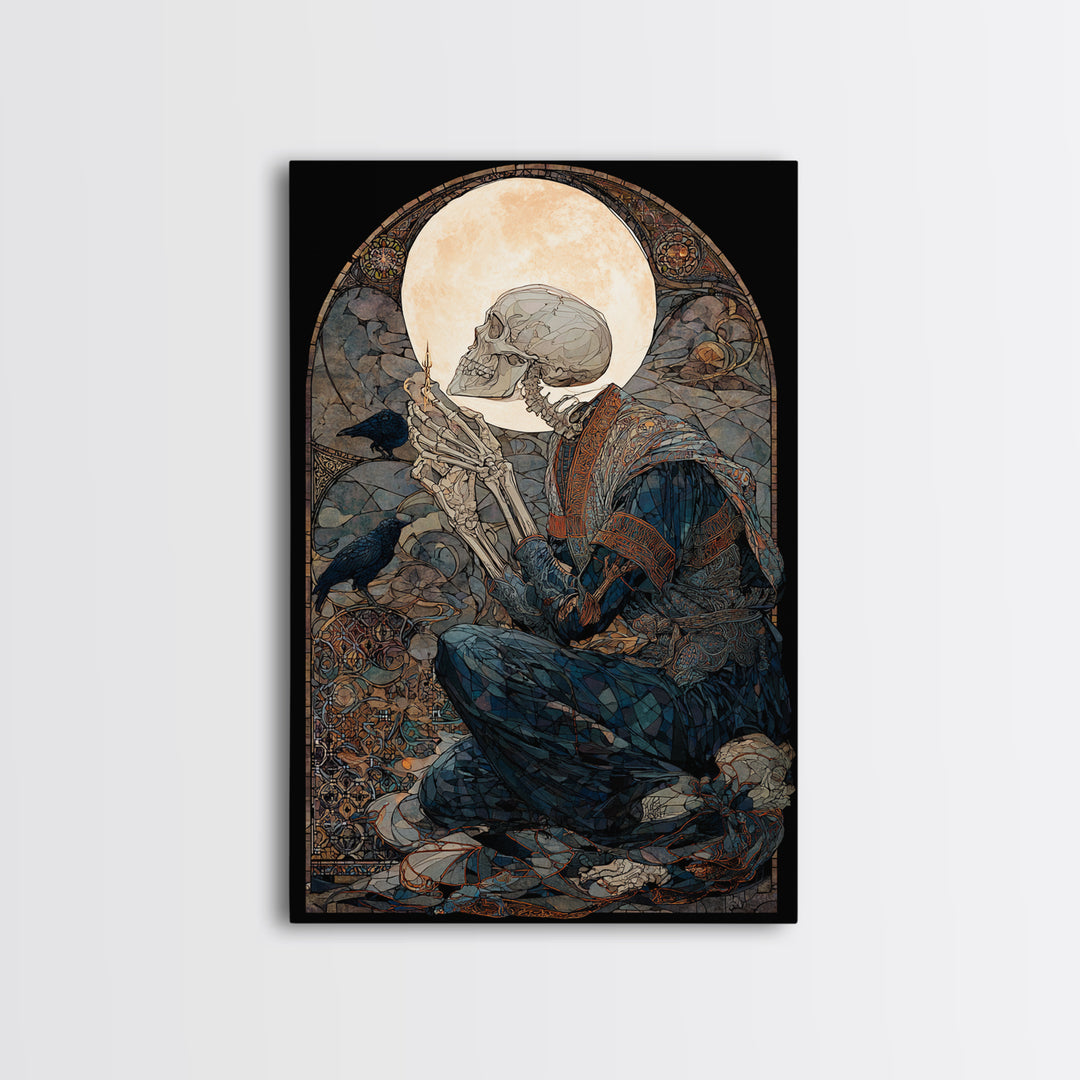 The Talking Skull, Stained Glass Gothic Art, Vertical Wall Art, Dark Halloween Decor, Canvas Print, Halloween Wall Art, Statement Wall Art