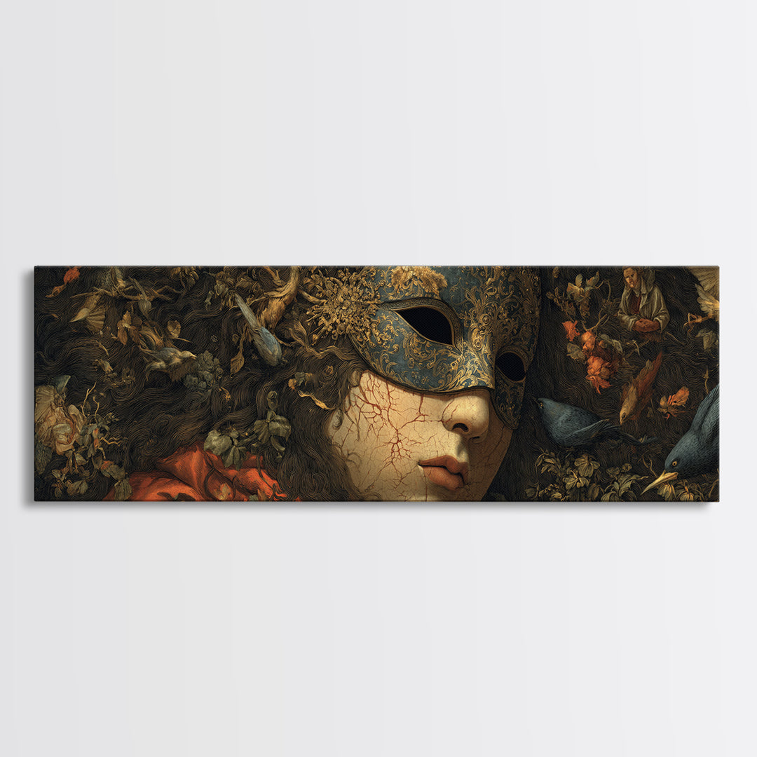 The Cracked Porcelain Mask, Medieval Grotesque Art, Extra Wide Wall Art, Dark Halloween Decor, Framed Canvas Print, Spooky Wall Decor