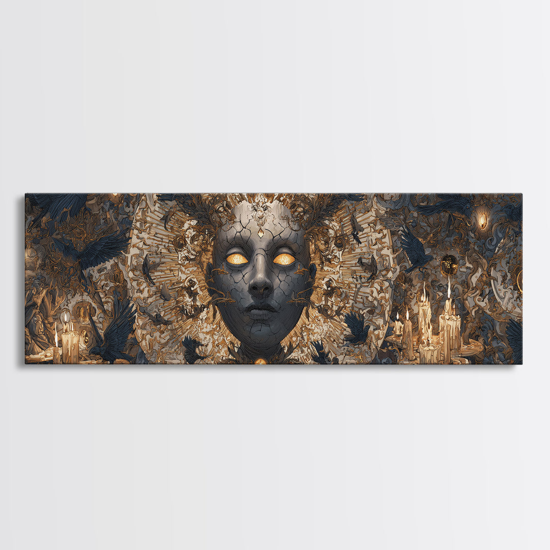 The Cracked Porcelain Mask, Visionary Gothic Art, Extra Wide Wall Art, Dark Halloween Decor, Framed Canvas Print, Halloween Wall Art