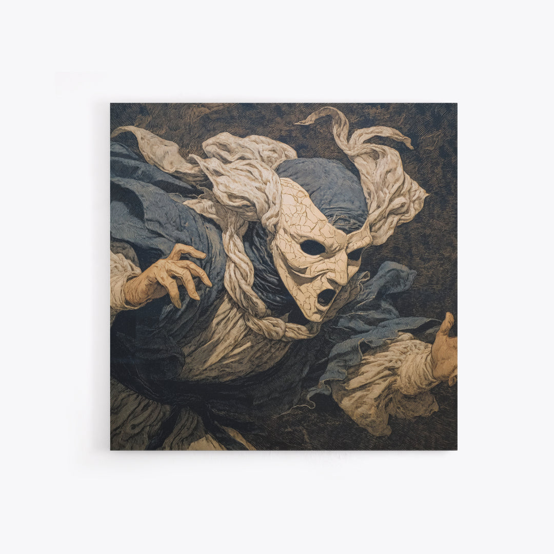 The Cracked Porcelain Mask, Symbolist Etching Art, Square Wall Art, Gothic Horror Wall Art, Framed Canvas Print, Halloween Wall Art