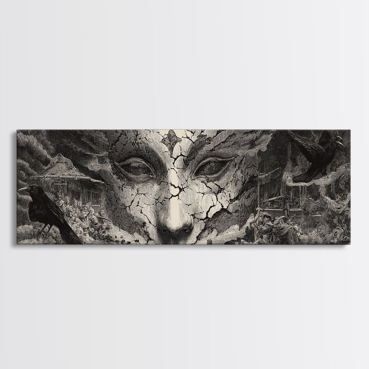 The Cracked Porcelain Mask, Expressionist Nightmare Art, Extra Wide Wall Art, Gothic Horror Wall Art, Framed Canvas Print