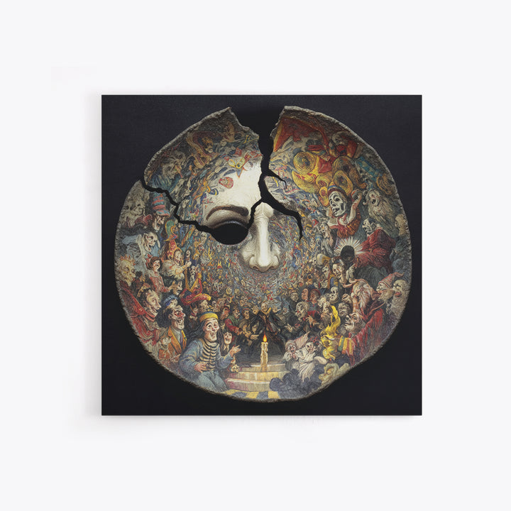 The Cracked Porcelain Mask, Grotesque Carnival Art, Square Wall Art, Dark Fantasy Wall Art, Canvas Print, Halloween Wall Art