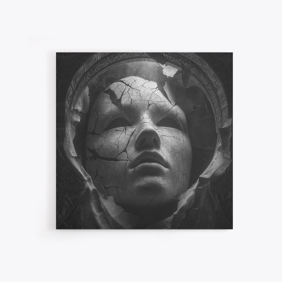 The Cracked Porcelain Mask, Biomechanical Horror Art, Square Wall Art, Dark Fantasy Wall Art, Canvas Print, Halloween Wall Art