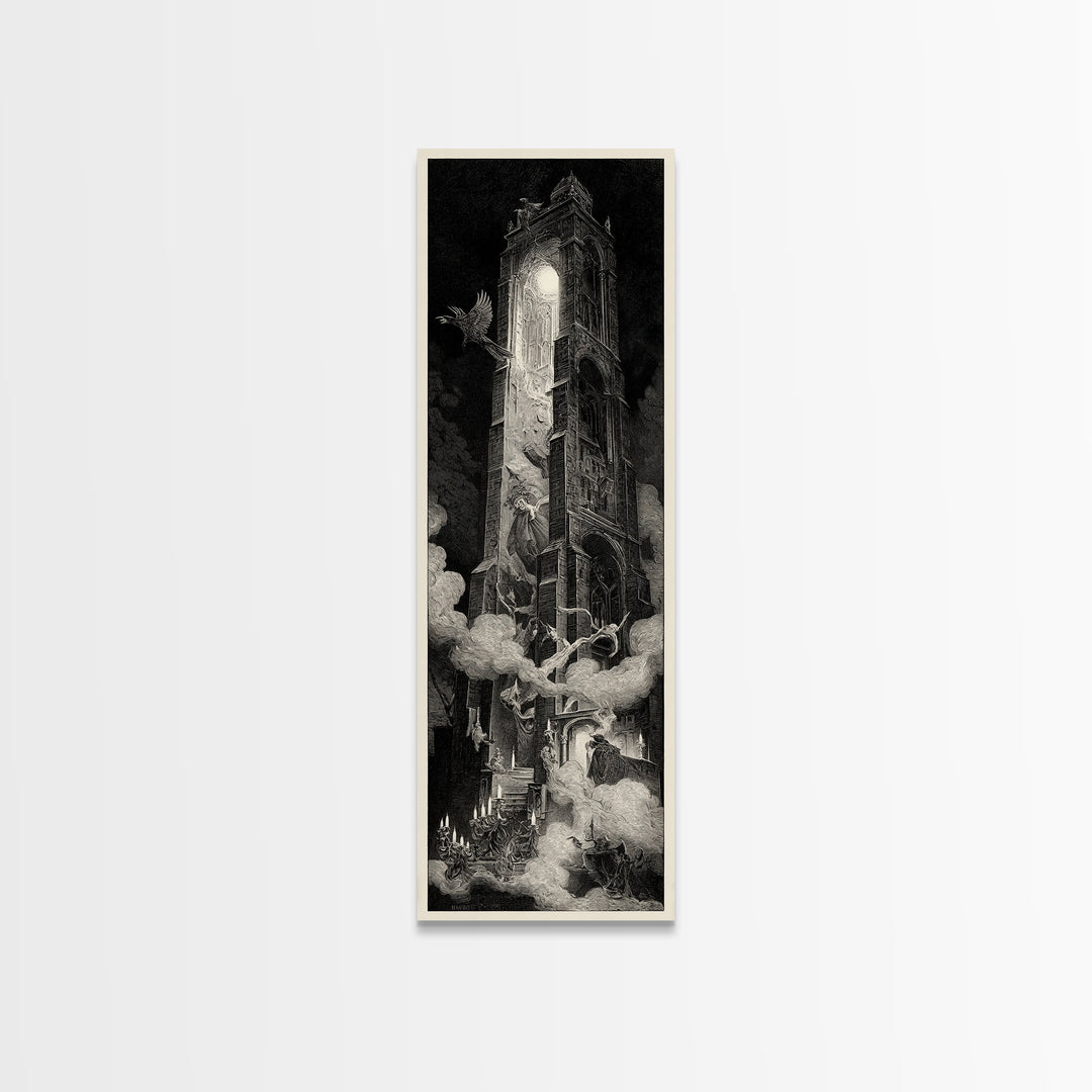 The Haunted Music Box, Gothic Engraving Art, Tall Narrow Wall Art, Macabre Wall Art, Canvas Print, Halloween Wall Art