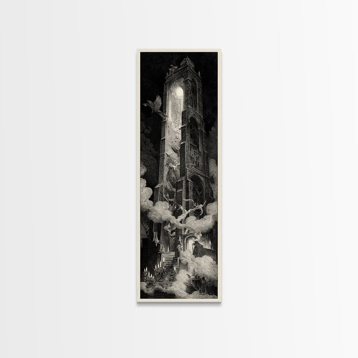 The Haunted Music Box, Gothic Engraving Art, Tall Narrow Wall Art, Macabre Wall Art, Canvas Print, Halloween Wall Art