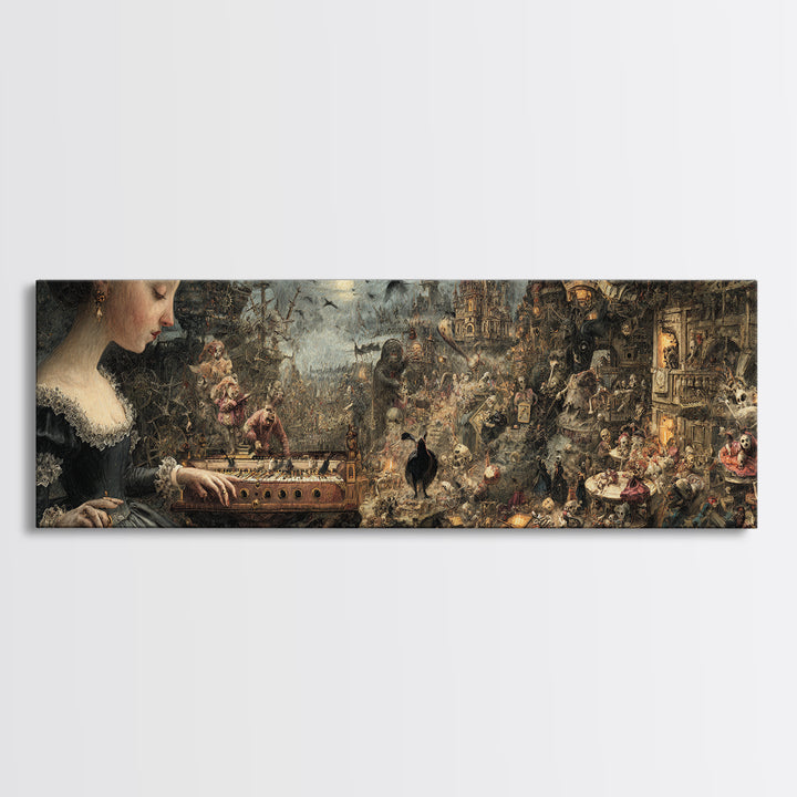 The Haunted Music Box, Medieval Grotesque Art, Extra Wide Wall Art, Gothic Horror Wall Art, Framed Canvas Print, Halloween Wall Art