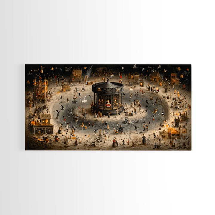 The Haunted Music Box, Northern Renaissance Horror, Wide Panoramic Art, Macabre Wall Art, Framed Canvas Print, Halloween Wall Art