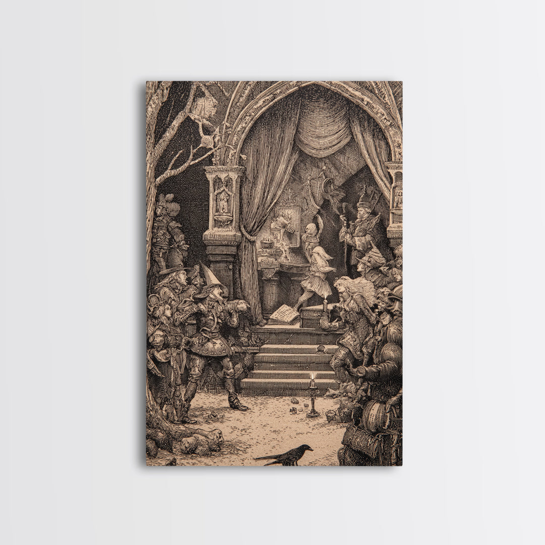The Haunted Music Box, Renaissance Engraving Art, Vertical Wall Art, Macabre Wall Art, Framed Canvas Print, Halloween Wall Art