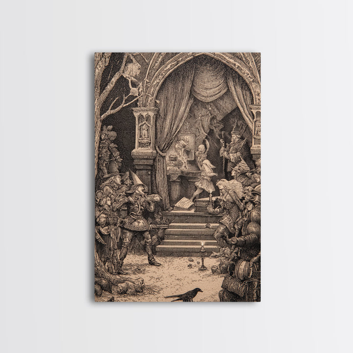 The Haunted Music Box, Renaissance Engraving Art, Vertical Wall Art, Macabre Wall Art, Framed Canvas Print, Halloween Wall Art