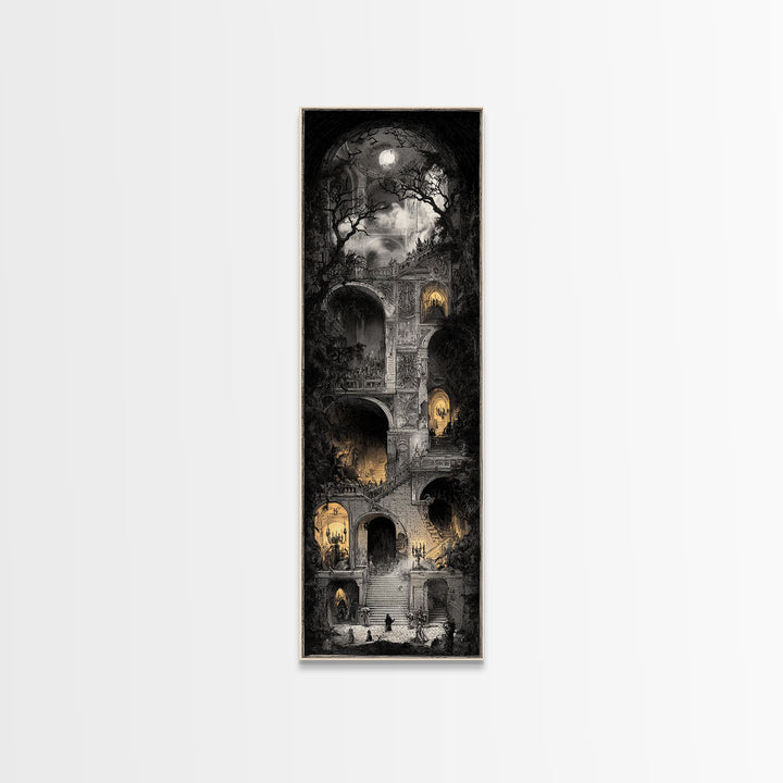 The Haunted Music Box, Architectural Etching Art, Tall Narrow Wall Art, Dark Halloween Decor, Canvas Print, Halloween Wall Art