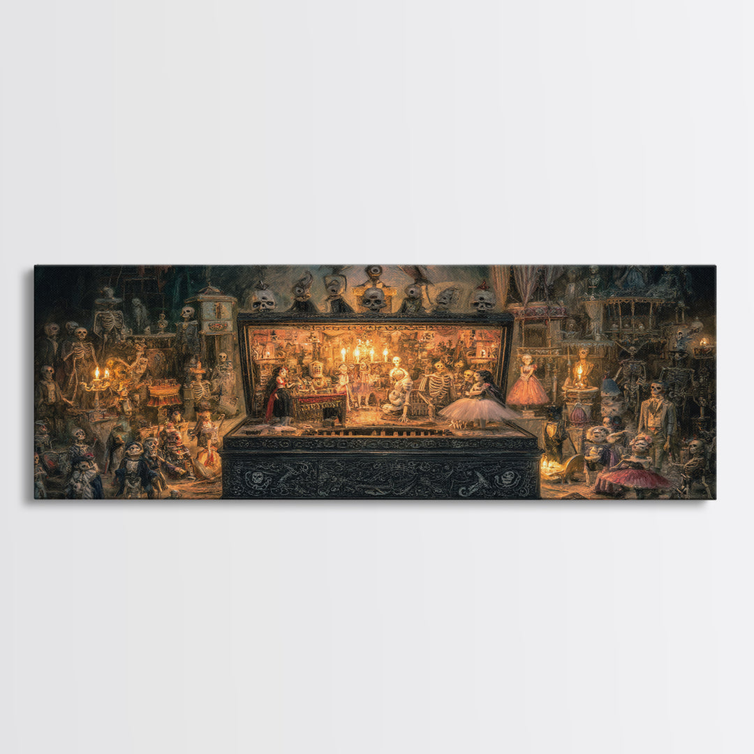 The Haunted Music Box, Grotesque Carnival Art, Wide Panoramic Art, Dark Fantasy Wall Art, Framed Canvas Print, Halloween Wall Art