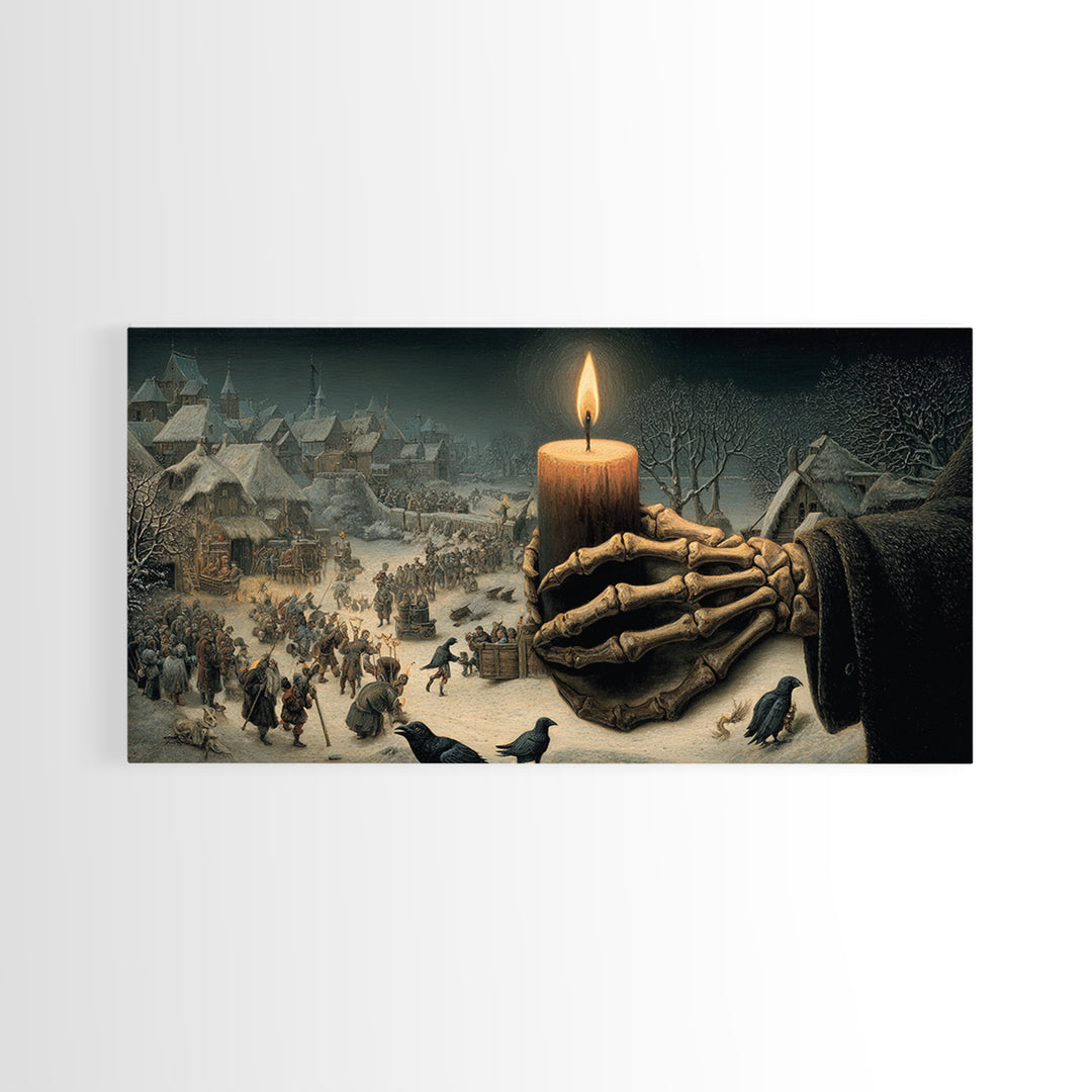 The Skeletal Hand Candleholder, Northern Renaissance Horror, Wide Panoramic Art, Dark Fantasy Wall Art, Framed Canvas Print